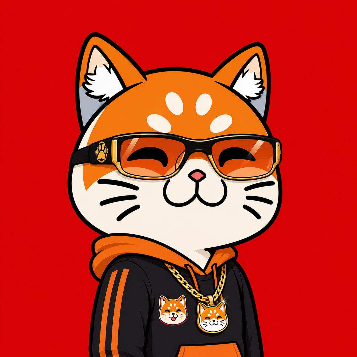 Orange SHIBCAT in a dark suit on a red background