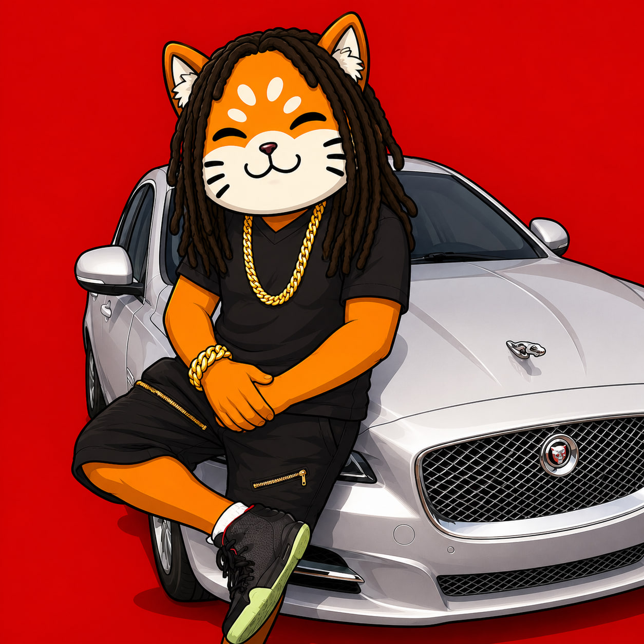 Orange SHIBCAT character on a red background